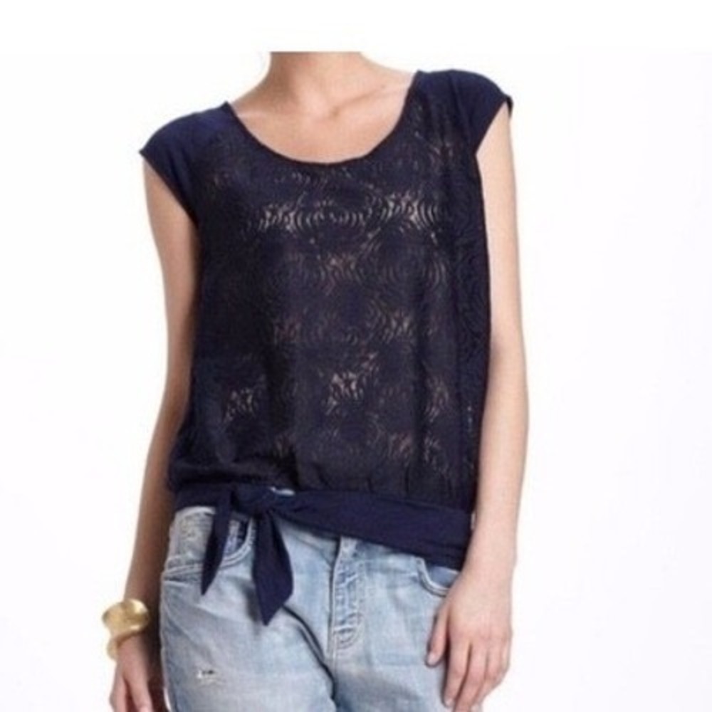 Vanessa Virginia Blouse Women XS Navy Riley Rose Lace Side Tie Cap Sleeve Boho
